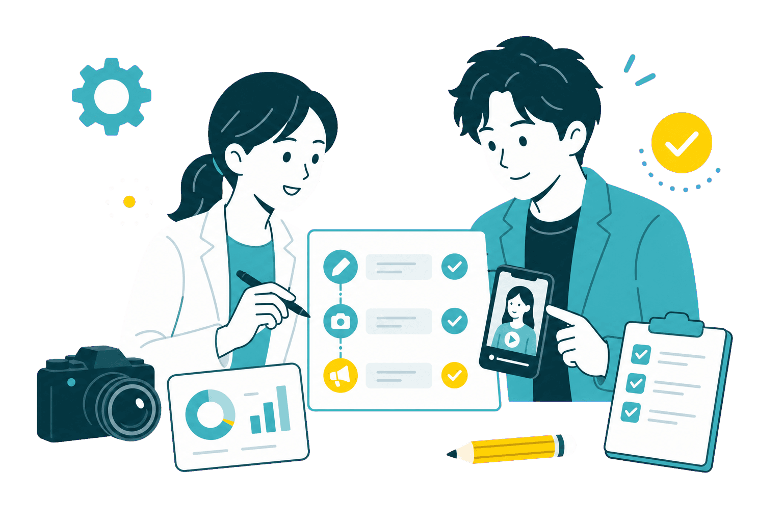医療広報担当者と外部パートナーが制作フローを整理しているイラスト