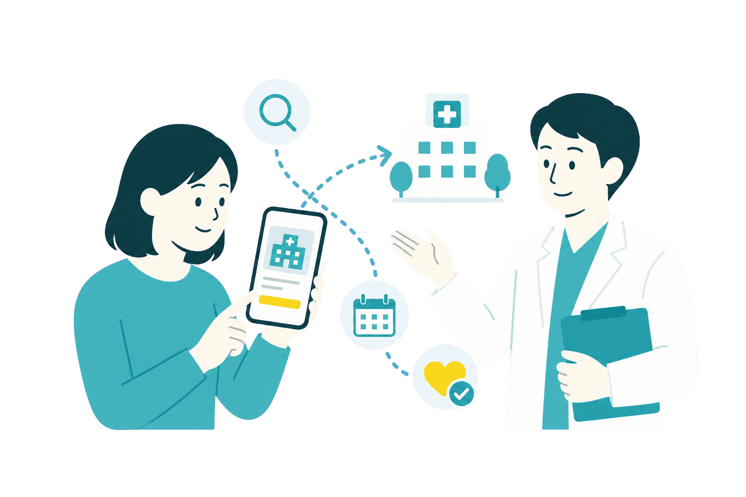 患者がスマートフォンで診療科を探し医師が案内しているイラスト