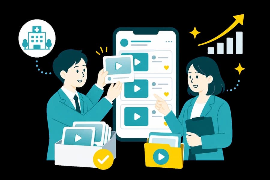 SNS投稿と動画が病院資産として蓄積していくイラスト