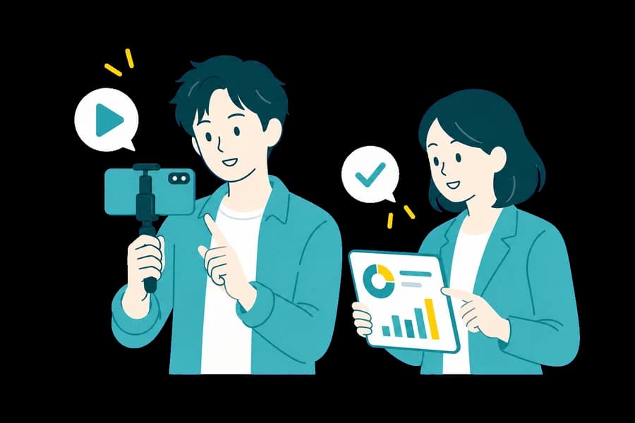 SNSクリエイターとマーケターが撮影と分析を行っているイラスト