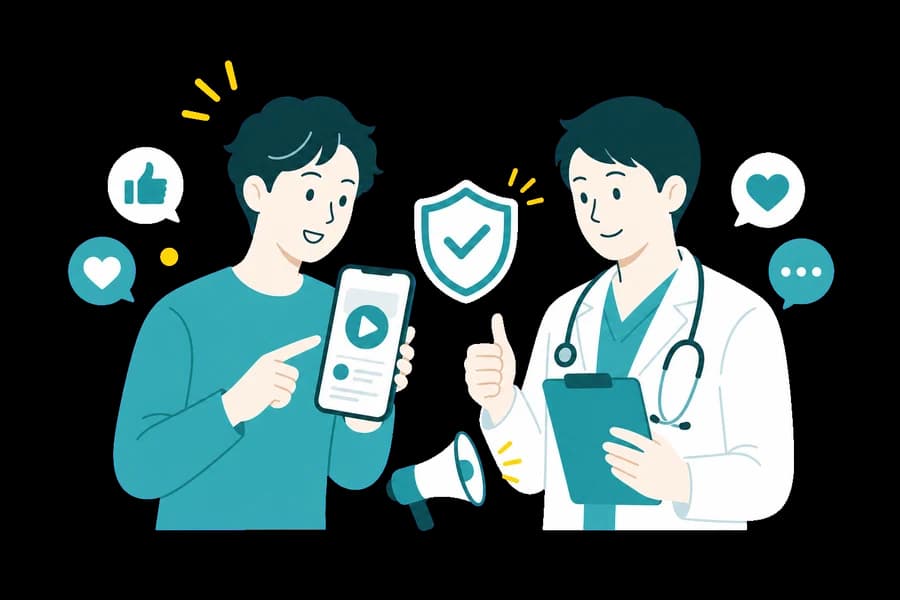 医療系インフルエンサー発信を医師が確認しているイラスト